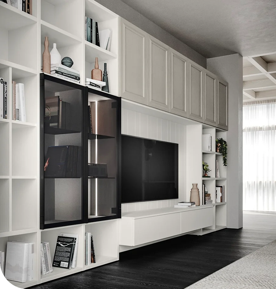 Libreria e parete living a terra