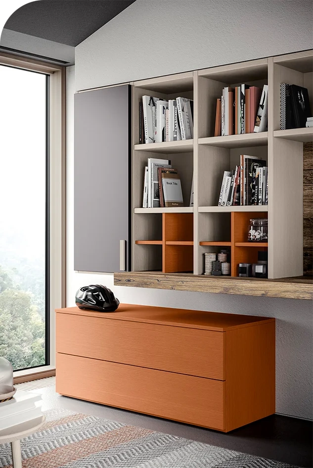 Parete living con vani chiusi ed aperti
