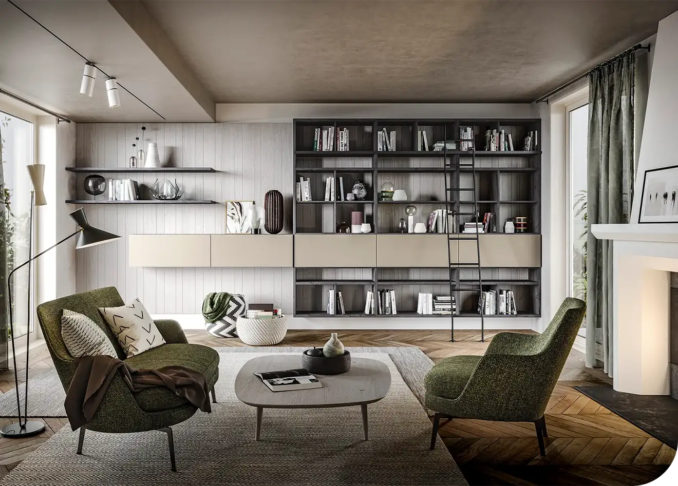 Living con libreria sospesa